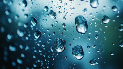 Close-up of Water Droplets on Glass Window During Rainy Day with Blue Background