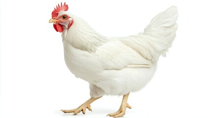 Fototapeta premium White hen with red comb and wattle walking isolated on white background.