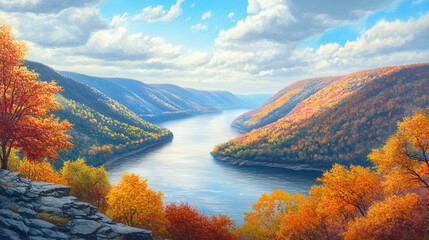 A breathtaking view of a river surrounded by hills, painted with the colors of fall foliage.
