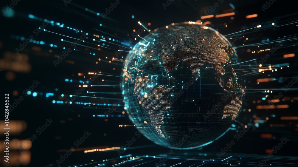 Poster digital globe with data streams and network visualization