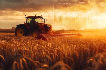 Fototapeta premium Tractor Harvesting Wheat Field with Financial Overlays Symbolizing Agricultural Economics