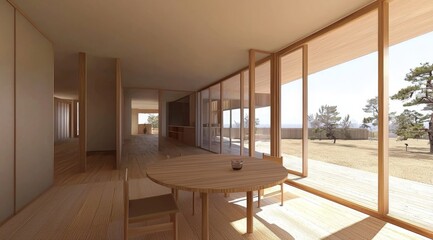 Fototapeta premium Minimalist Dining Room with Round Wooden Table, Organic Lighting, and Japandi-Style Aesthetic