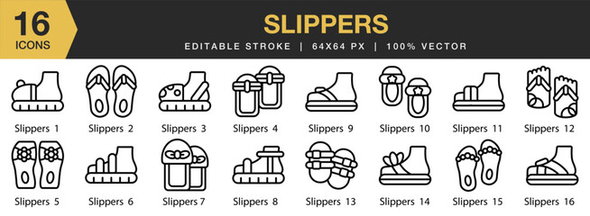 Slippers icon set. Editable Stroke Icon Collection. Includes Slippers, Sandals, Footwear, Flip Flops, Sandal, and More. Outline icons vector collection.