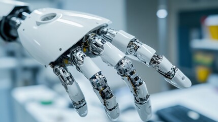 An extreme close-up of the articulated fingers and gripping mechanism of a robotic hand in an artificial intelligence laboratory, AI style, photo of