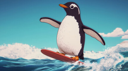 Obraz premium Surfing penguin riding wave in tropical paradise, showcasing joy and adventure