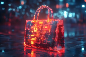 Glowing Digital Shopping Bag with Futuristic Tech Elements Symbolizing E Commerce and Online