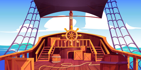 Pirate ship deck sailing in sea. Vector cartoon illustration of wooden boat with steering wheel, black sail and ropes, boxes, barrels on board, old vessel floating on water waves, clouds in blue sky