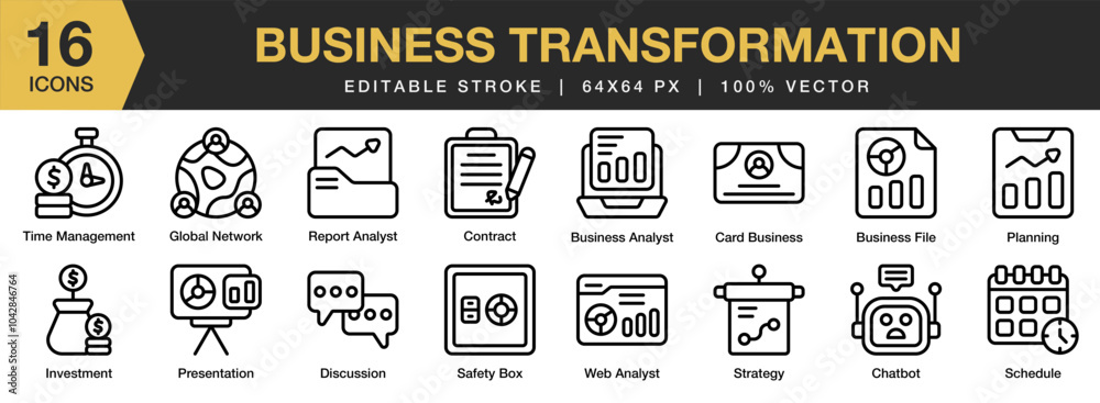 Wall mural business transformation icon set. editable stroke icon collection. includes analytics, file, card, c