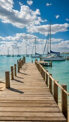 Fototapeta premium Scenic wooden pier leading to sailboats on turquoise water under a blue sky with fluffy clouds and copy space