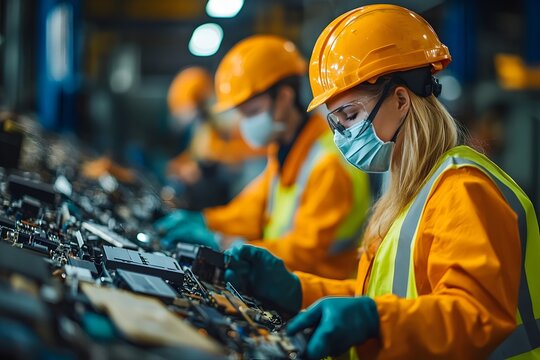 Workers Sorting E Waste Materials at Recycling Plant Wearing Safety Gear