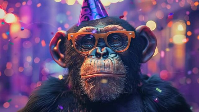 video of A monkey wearing a party hat and glasses, amidst blurred lights and confetti, generating a lively and celebratory ambiance