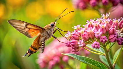 Fototapeta premium Leading lines image of Hemaris thysbe clearwing feeding on rose milkweed nectar in a pollinator garden