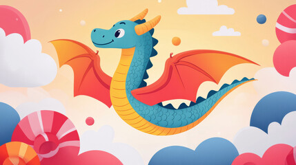 Obraz premium Colorful dragon flying through candy filled sky, bringing joy and wonder