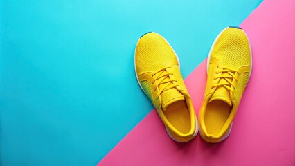 Close-up of yellow sneakers on pink and blue background