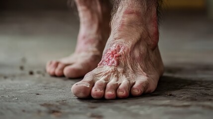 Close up view highlighting serious complications of diabetic foot condition in a man s feet