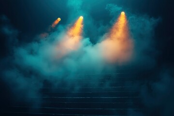 Three Spotlights Illuminating a Stage Covered in Fog