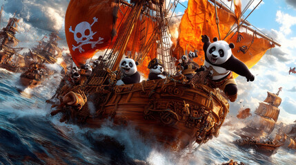 Adventurous pandas sailing pirate ship through stormy seas!