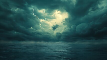 Obraz premium A dramatic stormy sky with flashes of lightning over a calm ocean, creating an awe-inspiring scene of power and tranquility
