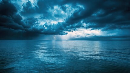Fototapeta premium Dark storm clouds hover over a calm ocean as lightning strikes in the distance, creating a dramatic and powerful atmosphere
