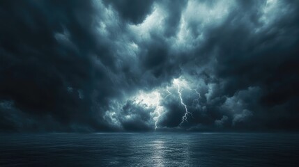 Obraz premium Dark storm clouds rolling in over a calm ocean, with bolts of lightning illuminating the sky in a dramatic and powerful scene
