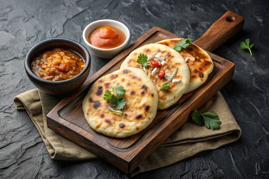 Close-Up Pupusas on a wooden board with curtido and sauce over a black marble background