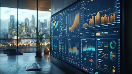 Modern workspace displaying data analytics on a large screen.