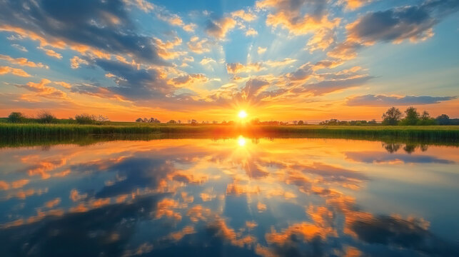 A breathtaking sunset reflecting off a calm pond surrounded by fields, creating a mirror image of the sky.