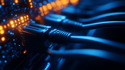 Server cables with glowing lights.