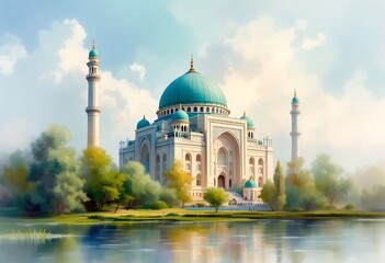Obraz premium Watercolor Mosque Painting Design Mosque Illustration Design Islamic Background Hand drawn Watercolor Artwork. sketch of Mosque, Greeting card or banner for Muslim holiday, Mosque Watercolor style 