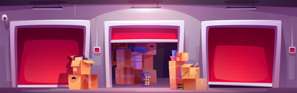 Warehouse interior with house stuff boxes. Vector cartoon illustration of open and closed storage facility gates, carton packages full of kitchen and living room things, stack of books, camera on wall