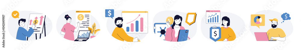 Wall mural Business concept set with characters in flat design for web. People analyzing financial reports, setting financial goals, developing company strategy and finding solutions. Vector illustrations.