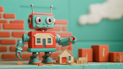 Fototapeta premium Building house, friendly robot, futuristic world, construction