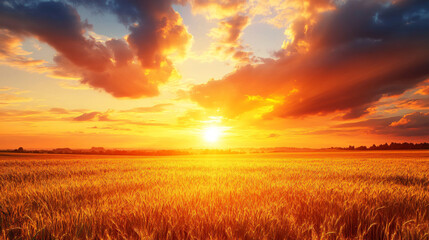 Fototapeta premium A breathtaking sunset over golden fields, casting a warm glow and painting the sky with vibrant colors.