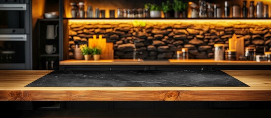 Obraz premium Blurred Background of Modern Kitchen Interior with Marble Countertop and Wooden Shelves for Product Display