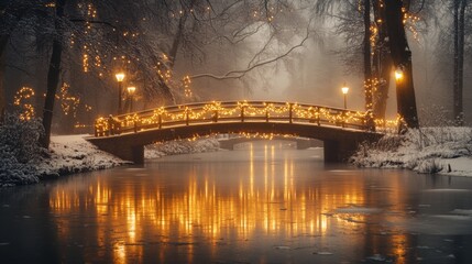 Enchanted Bridge in Winter Wonderland with Lights