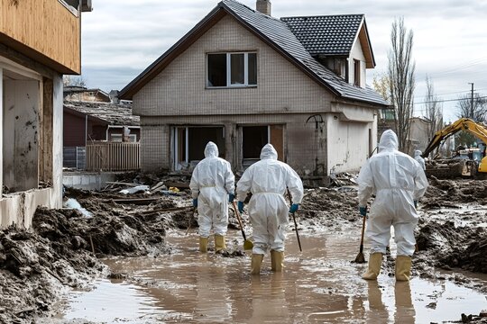 Protective Suited Workers Cleaning Flood Damaged Rural House for Disaster Recovery