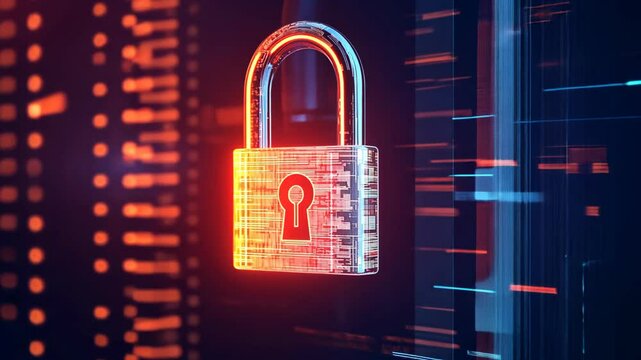 metal lock floating hover over electronic light trail background, Cybersecurity and data management concept