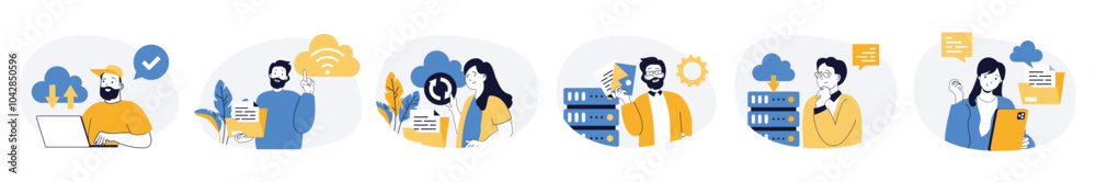 Poster Cloud computing concept set with characters in flat design for web. People downloading digital files for backup in protective storage, sharing content, using online sync service. Vector illustrations.