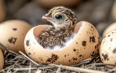 A nest of newly hatched quail, still half in their eggs, with tiny delicate feathers catching the morning light, Egg Newborn Animal, Quail Nest Hatching