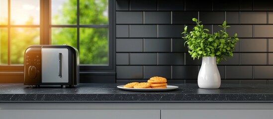 Blurred Background of Modern Kitchen Interior with Marble Countertop and Wooden Shelves for Product Display