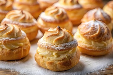 closeup shot of perfectly cooked golden cream puffs with shallow depth of field