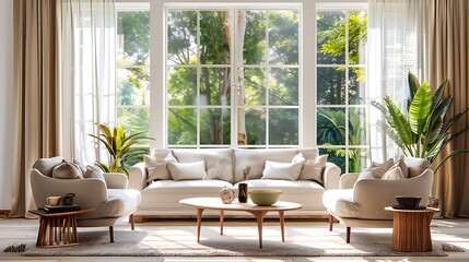 Fototapeta premium Classic living room interior with comfortable cozy sofas and table near big window