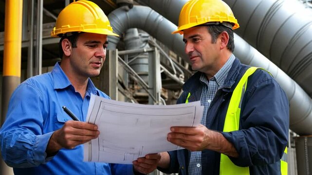Architect leading a construction discussion at an industrial site.