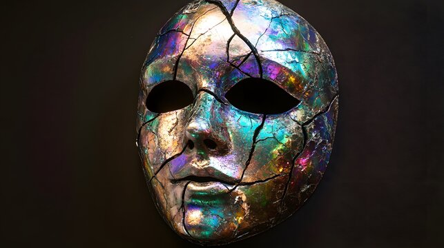 The broken mask features cracks that reflect soft iridescent hues adding depth and mystique to the overall design