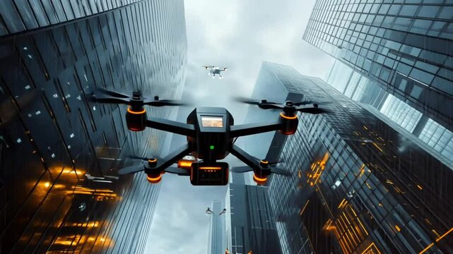 Drones navigating through foggy skyscraper cityscape with lights. Modern technology concept