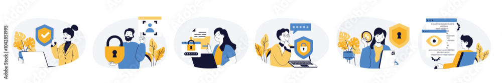 Leinwandbilder Cyber security concept set with characters in flat design for web. People using protection software with encryption, get access with password and biometric scans to accounts. Vector illustrations.