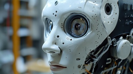 Fototapeta premium An extreme close-up of the auditory sensors and sound localization algorithms of a humanoid audio-guided robot in a robotics navigation lab, Robotics style, photo of