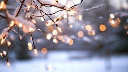 Twinkling Lights on Snowy Branches in Winter Scene