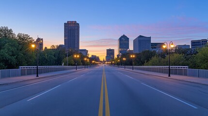Obraz premium Urban Sunrise Over Cityscape and Empty Road
