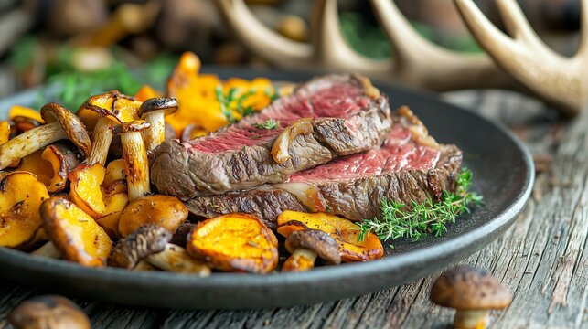 Venison steak with autumn mushrooms on rustic plate, antlers in background.